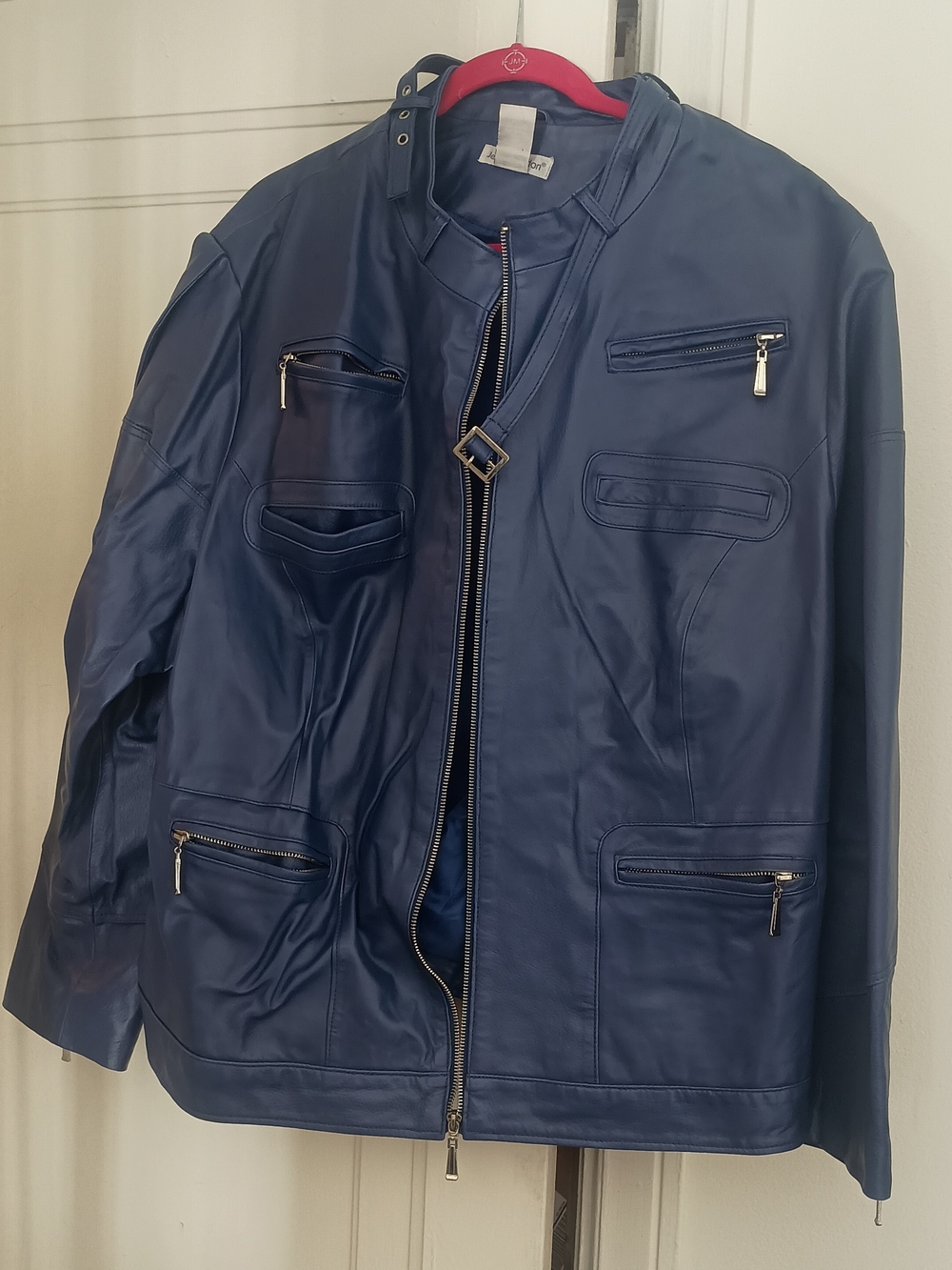Jessica London Navy Blue Leather Bomber Jacket with Zip Pockets